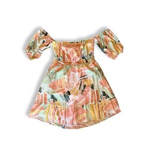 Elings Off-Shoulder Puff Sleeve Mini Dress XL Watercolor Abstract Print Smocked